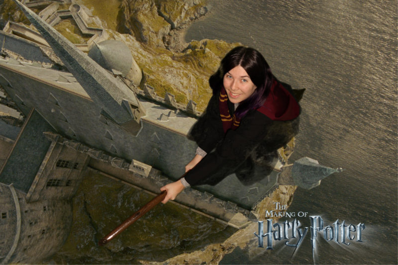 Allegra flying over Hogwarts at the Warner Brothers Studio Tour in London